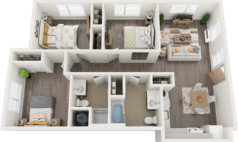 Floor plan for 3 beds, 2 baths, 1100 sqft
